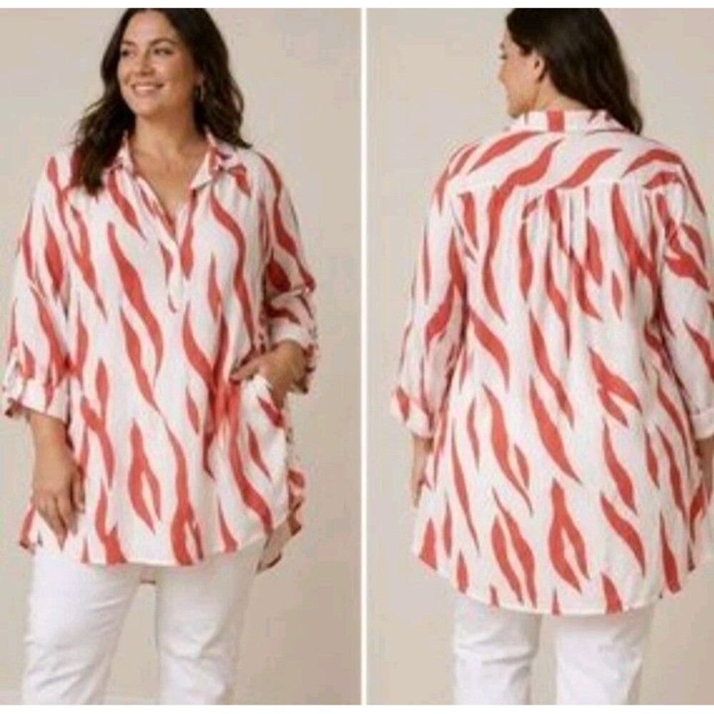 For Cynthia Longline Tunic Blouse 2X V Neck Pockets Linen Blend